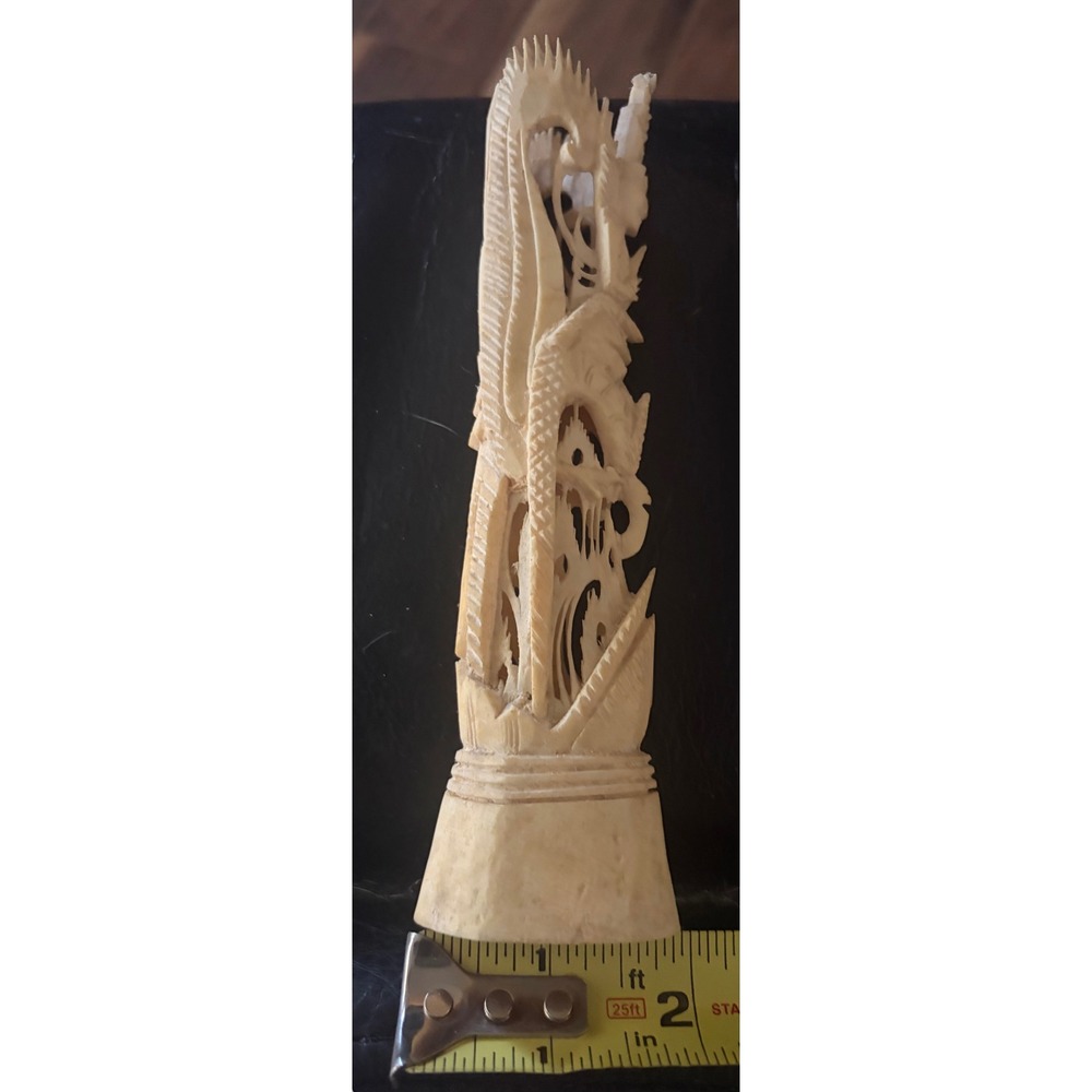 Vintage Hand Carved Bone Dragon Deity Figurine Oriental Sculpture 6.75 Inch